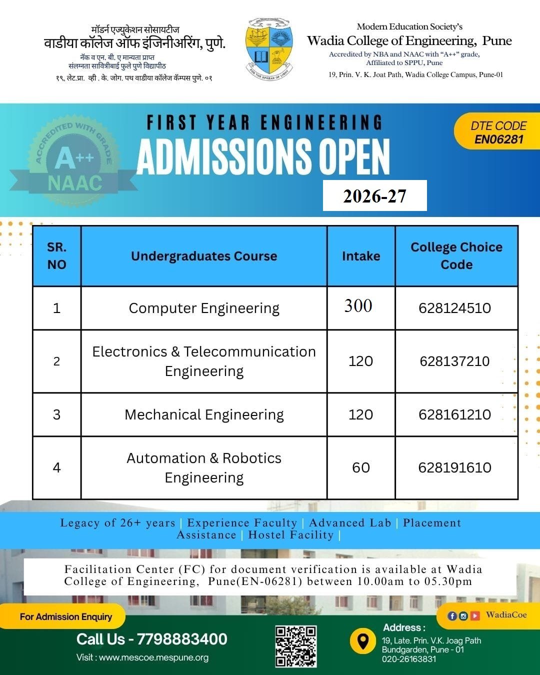 MES Wadia College of Engineering, Admission, 2026-27